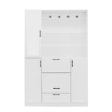 Entryway Bench With Integrated Shoe Cabinet, 3 In 1 Design And Mirrored Cabinet Door, Hall Tree With 4 Sturdy Hooks And Foldable Seat For Entrance, Living Room - White