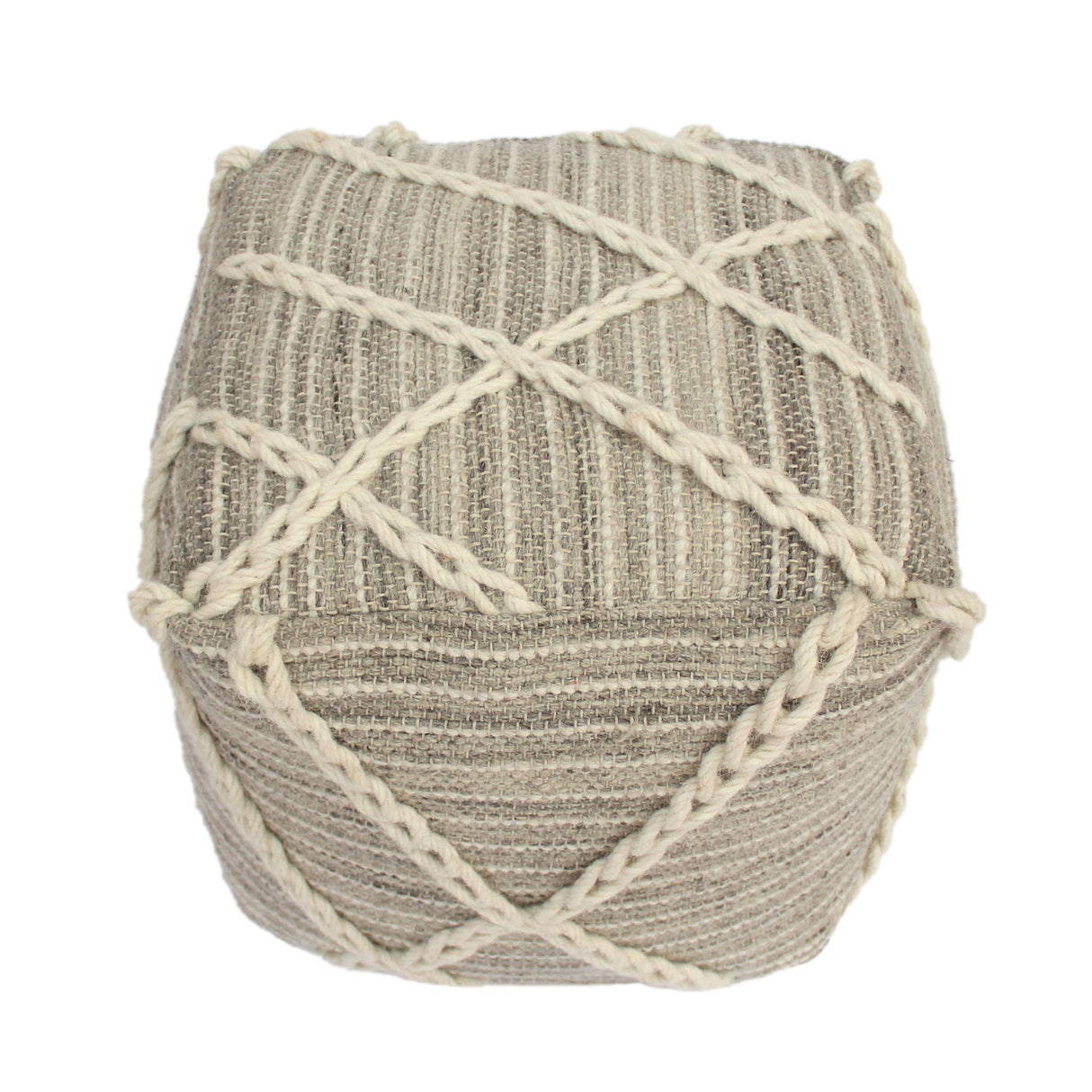 Modern Wool Rope Square Pouf Ottoman Floor Cushion - Gray / Ivory