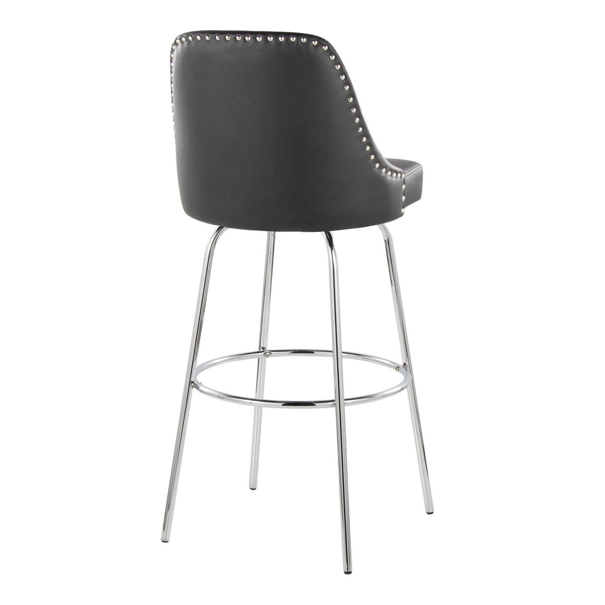 Studded - Marcel Fixed-Height Barstool (Set of 2) - Chrome Metal, Black Faux Leather