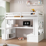 Full Size Loft Bed With Desk And Shelves, 2 Built In Drawers, Storage Staircase - White