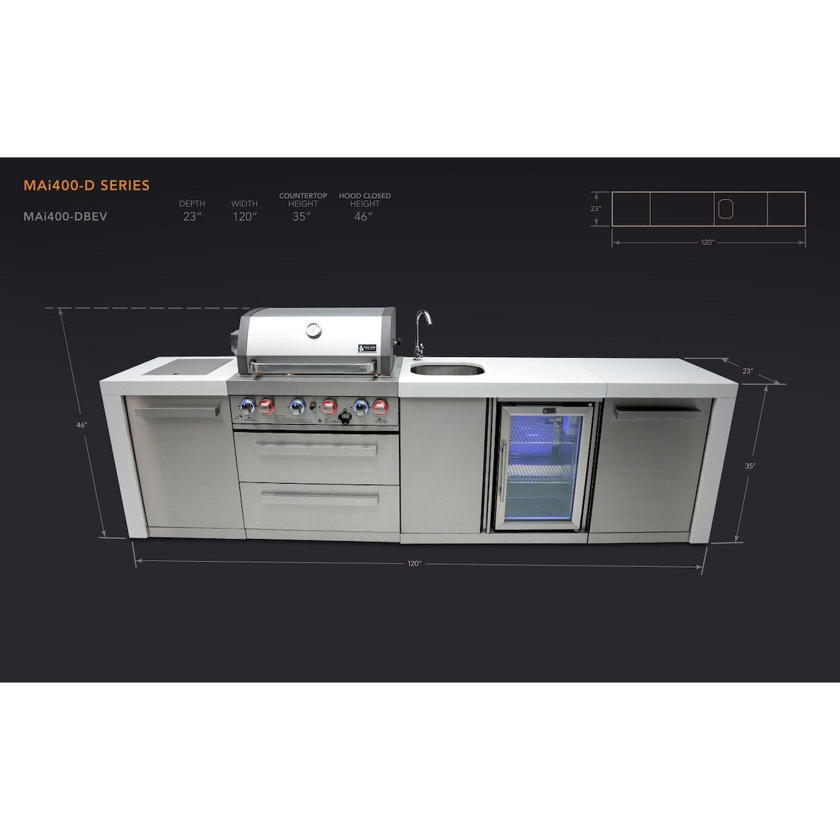 Mont Alpi Deluxe Series 10 Ft Propane Outdoor Kitchen Island w/ Side Burner & Beverage Center - MAi400-DBEV