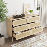 Rattan 6 Drawers Chest Of Dressers For Bedroom, Modern 6 Drawer Dresser, Wide Chest Of Drawers With Wood Handles, Rattan Dresser Storage Cabinet For Living Room, Bedroom, Hallway - Natural Wood / Oak