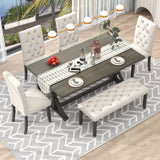 6 Piece Dining Table Set With Rectangular Wood Table, 4 Upholstered Chairs, Bench