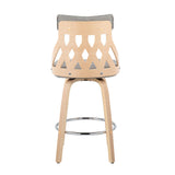 York - Mid-Century Modern Counter Stool - Natural Wood And Light Gray Fabric With Chrome Footrest