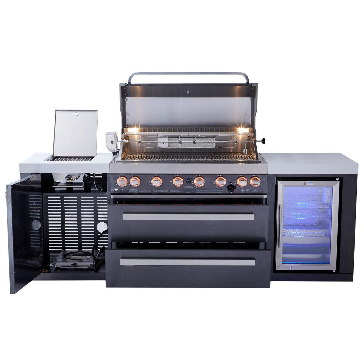 Mont Alpi Black Series 8 Ft Natural Gas Outdoor Kitchen Island w/ Side Burner & Fridge - MAi805-BSSFC