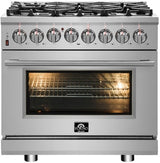 Forno Pro-Style FFSGS612536 36 Inch Freestanding Professional Dual Fuel Range with 6 Sealed Burners, 5.36 cu. ft. Oven Capacity, Continuous Grates, True European Convection, Illuminated Zinc Cast Knobs, Magic Eyes, and ETL Listed