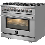 Forno Pro-Style FFSGS612536 36 Inch Freestanding Professional Dual Fuel Range with 6 Sealed Burners, 5.36 cu. ft. Oven Capacity, Continuous Grates, True European Convection, Illuminated Zinc Cast Knobs, Magic Eyes, and ETL Listed