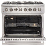Forno Galiano FFSGS615636 36 Inch Freestanding Dual Fuel Range with 6 Sealed Burners, 5.36 cu. ft. True Convection Oven, Continuous Cast Iron Grates, and Deep Recessed Black Enamel Cooktop: Stainless Steel