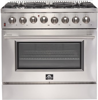 Forno Galiano FFSGS615636 36 Inch Freestanding Dual Fuel Range with 6 Sealed Burners, 5.36 cu. ft. True Convection Oven, Continuous Cast Iron Grates, and Deep Recessed Black Enamel Cooktop: Stainless Steel