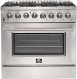 Forno Galiano FFSGS615636 36 Inch Freestanding Dual Fuel Range with 6 Sealed Burners, 5.36 cu. ft. True Convection Oven, Continuous Cast Iron Grates, and Deep Recessed Black Enamel Cooktop: Stainless Steel