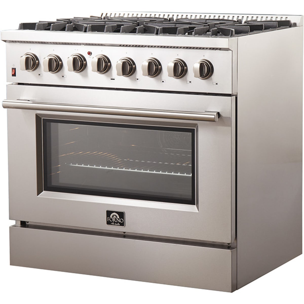 Forno Galiano FFSGS615636 36 Inch Freestanding Dual Fuel Range with 6 Sealed Burners, 5.36 cu. ft. True Convection Oven, Continuous Cast Iron Grates, and Deep Recessed Black Enamel Cooktop: Stainless Steel