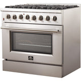 Forno Galiano FFSGS615636 36 Inch Freestanding Dual Fuel Range with 6 Sealed Burners, 5.36 cu. ft. True Convection Oven, Continuous Cast Iron Grates, and Deep Recessed Black Enamel Cooktop: Stainless Steel