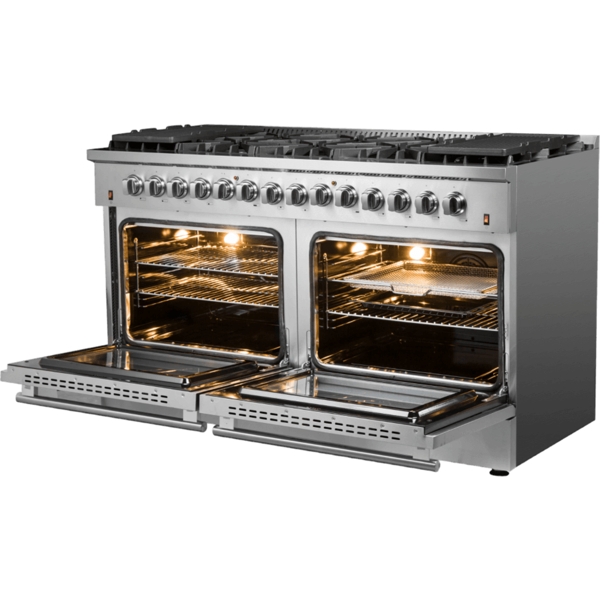 Forno Galiano FFSGS615660 60 Inch Freestanding Dual Fuel Range with 10 Sealed Burners, 8.64 cu. ft. Total Capacity, Convection Oven, Air Fry, and 2 Reversible Griddles