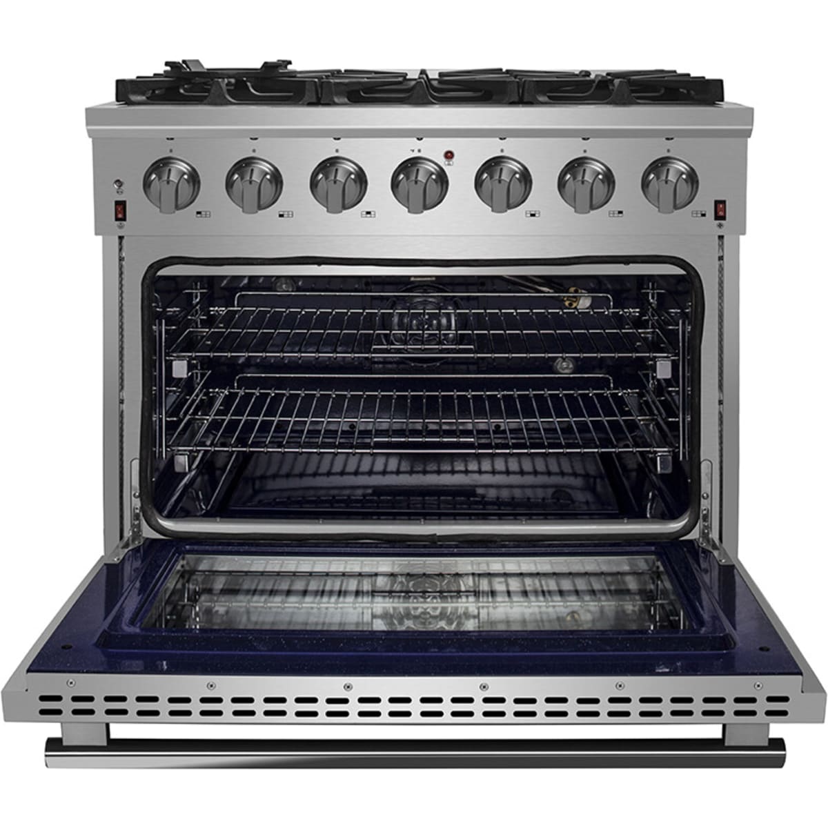 Forno Pro-Style FFSGS623936 36 Inch Freestanding Gas Range with 6 Sealed Burners, 5.36 cu. ft. Oven Capacity, Continuous Grates, Convection Cooking, Illuminated Zinc Knobs, Magic Eyes, Telescoping Racks, Blue Enameled Oven Interior, and ETL Listed