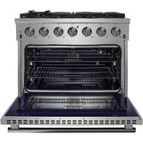 Forno Pro-Style FFSGS623936 36 Inch Freestanding Gas Range with 6 Sealed Burners, 5.36 cu. ft. Oven Capacity, Continuous Grates, Convection Cooking, Illuminated Zinc Knobs, Magic Eyes, Telescoping Racks, Blue Enameled Oven Interior, and ETL Listed