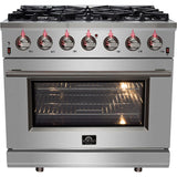 Forno Pro-Style FFSGS623936 36 Inch Freestanding Gas Range with 6 Sealed Burners, 5.36 cu. ft. Oven Capacity, Continuous Grates, Convection Cooking, Illuminated Zinc Knobs, Magic Eyes, Telescoping Racks, Blue Enameled Oven Interior, and ETL Listed