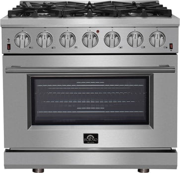 Forno Pro-Style FFSGS623936 36 Inch Freestanding Gas Range with 6 Sealed Burners, 5.36 cu. ft. Oven Capacity, Continuous Grates, Convection Cooking, Illuminated Zinc Knobs, Magic Eyes, Telescoping Racks, Blue Enameled Oven Interior, and ETL Listed
