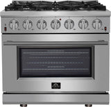 Forno Pro-Style FFSGS623936 36 Inch Freestanding Gas Range with 6 Sealed Burners, 5.36 cu. ft. Oven Capacity, Continuous Grates, Convection Cooking, Illuminated Zinc Knobs, Magic Eyes, Telescoping Racks, Blue Enameled Oven Interior, and ETL Listed
