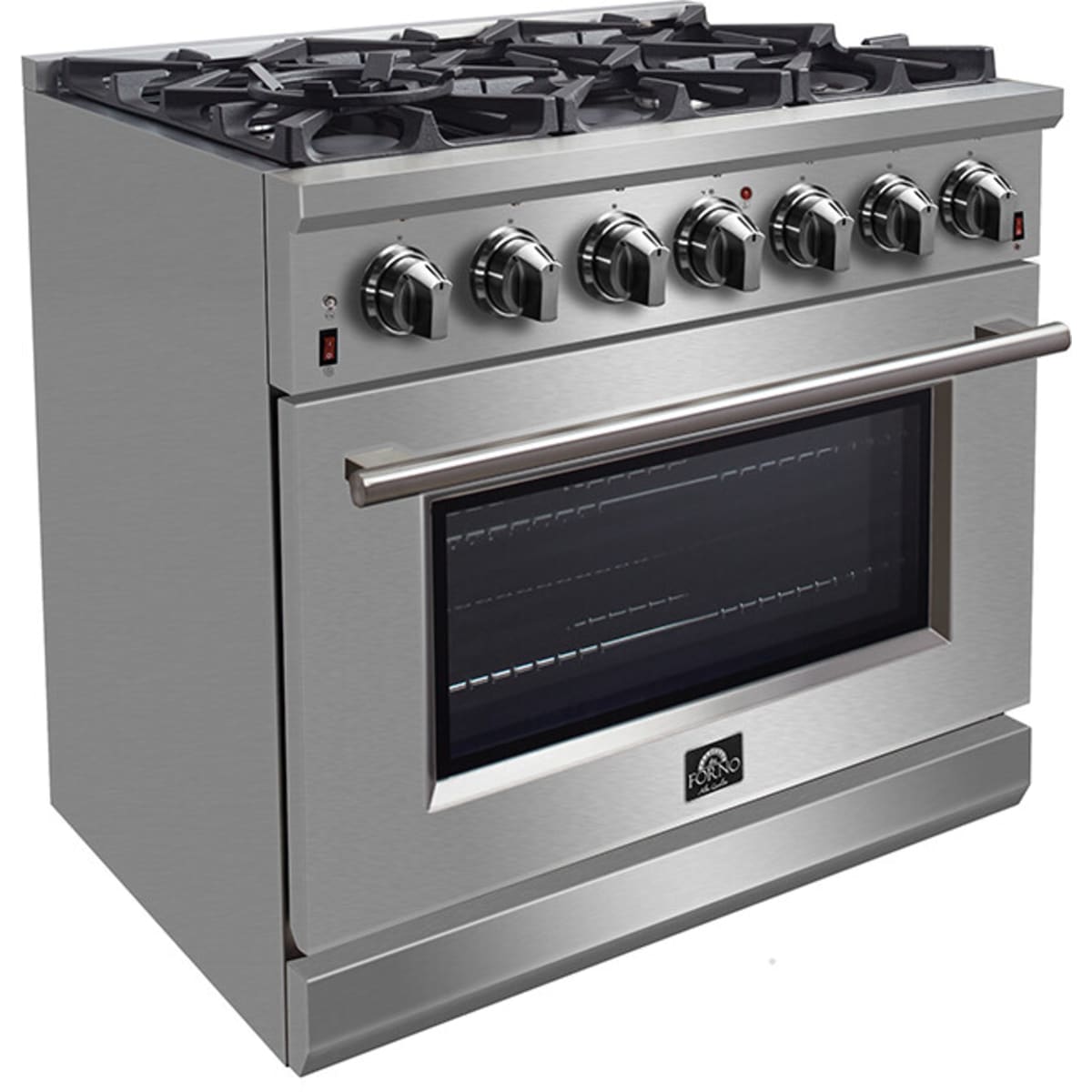 Forno Pro-Style FFSGS623936 36 Inch Freestanding Gas Range with 6 Sealed Burners, 5.36 cu. ft. Oven Capacity, Continuous Grates, Convection Cooking, Illuminated Zinc Knobs, Magic Eyes, Telescoping Racks, Blue Enameled Oven Interior, and ETL Listed