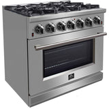 Forno Pro-Style FFSGS623936 36 Inch Freestanding Gas Range with 6 Sealed Burners, 5.36 cu. ft. Oven Capacity, Continuous Grates, Convection Cooking, Illuminated Zinc Knobs, Magic Eyes, Telescoping Racks, Blue Enameled Oven Interior, and ETL Listed