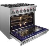 Forno Pro-Style FFSGS623936 36 Inch Freestanding Gas Range with 6 Sealed Burners, 5.36 cu. ft. Oven Capacity, Continuous Grates, Convection Cooking, Illuminated Zinc Knobs, Magic Eyes, Telescoping Racks, Blue Enameled Oven Interior, and ETL Listed