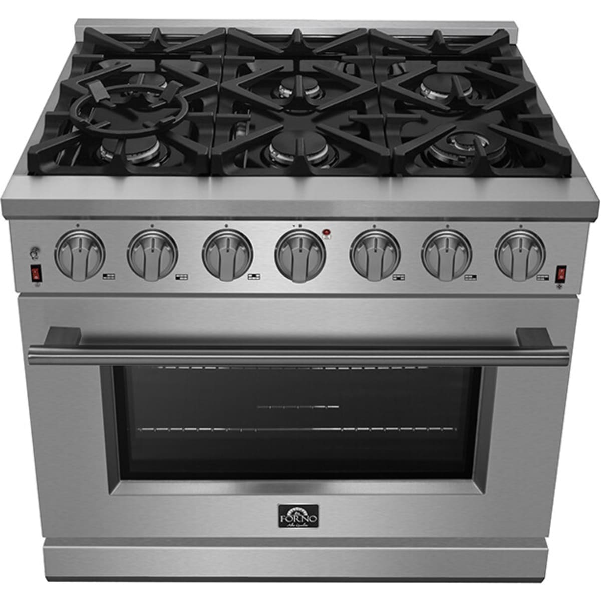 Forno Pro-Style FFSGS623936 36 Inch Freestanding Gas Range with 6 Sealed Burners, 5.36 cu. ft. Oven Capacity, Continuous Grates, Convection Cooking, Illuminated Zinc Knobs, Magic Eyes, Telescoping Racks, Blue Enameled Oven Interior, and ETL Listed