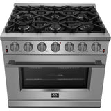 Forno Pro-Style FFSGS623936 36 Inch Freestanding Gas Range with 6 Sealed Burners, 5.36 cu. ft. Oven Capacity, Continuous Grates, Convection Cooking, Illuminated Zinc Knobs, Magic Eyes, Telescoping Racks, Blue Enameled Oven Interior, and ETL Listed