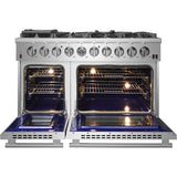 Forno Pro-Style FFSGS623948 48 Inch Freestanding Gas Range with 8 Sealed Burners, Double Oven, 6.58 cu. ft. Total Oven Capacity, Continuous Grates, True European Convection, Illuminated Zinc Cast Knobs, Magic Eyes, Grill, Griddle, and ETL Listed