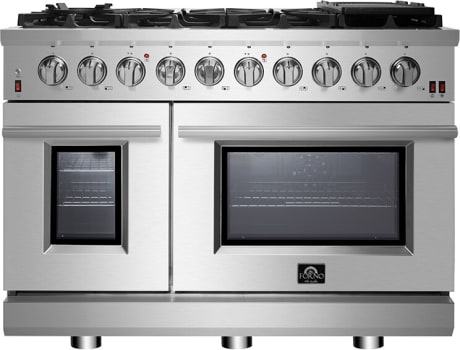 Forno Pro-Style FFSGS623948 48 Inch Freestanding Gas Range with 8 Sealed Burners, Double Oven, 6.58 cu. ft. Total Oven Capacity, Continuous Grates, True European Convection, Illuminated Zinc Cast Knobs, Magic Eyes, Grill, Griddle, and ETL Listed