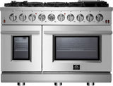 Forno Pro-Style FFSGS623948 48 Inch Freestanding Gas Range with 8 Sealed Burners, Double Oven, 6.58 cu. ft. Total Oven Capacity, Continuous Grates, True European Convection, Illuminated Zinc Cast Knobs, Magic Eyes, Grill, Griddle, and ETL Listed