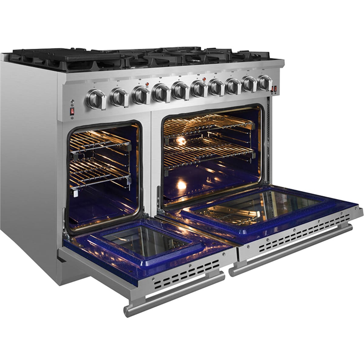 Forno Pro-Style FFSGS623948 48 Inch Freestanding Gas Range with 8 Sealed Burners, Double Oven, 6.58 cu. ft. Total Oven Capacity, Continuous Grates, True European Convection, Illuminated Zinc Cast Knobs, Magic Eyes, Grill, Griddle, and ETL Listed