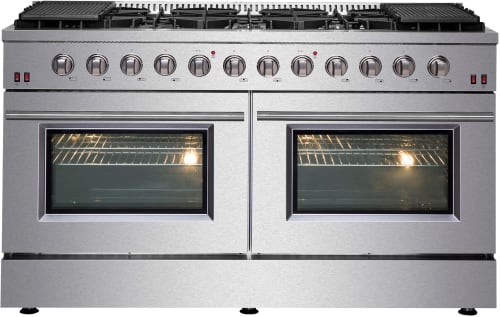 Forno Galiano FFSGS624460 60 Inch Freestanding Gas Range with 10 Sealed Burners, 8.64 cu. ft. Total Capacity, Continuous Cast Iron Grates, Convection Oven, 4 Halogen Lighting, Reversible Cast Iron Griddles and LP Conversion Kit Included