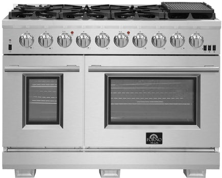 Forno Capriasca FFSGS618748 Freestanding Dual Fuel Range with Convection Oven, Continuous Cast Iron Grates, and Telescopic Oven Racks: 48" Width, 8 Sealed Burners, 6.58 cu. ft. Total Capacity