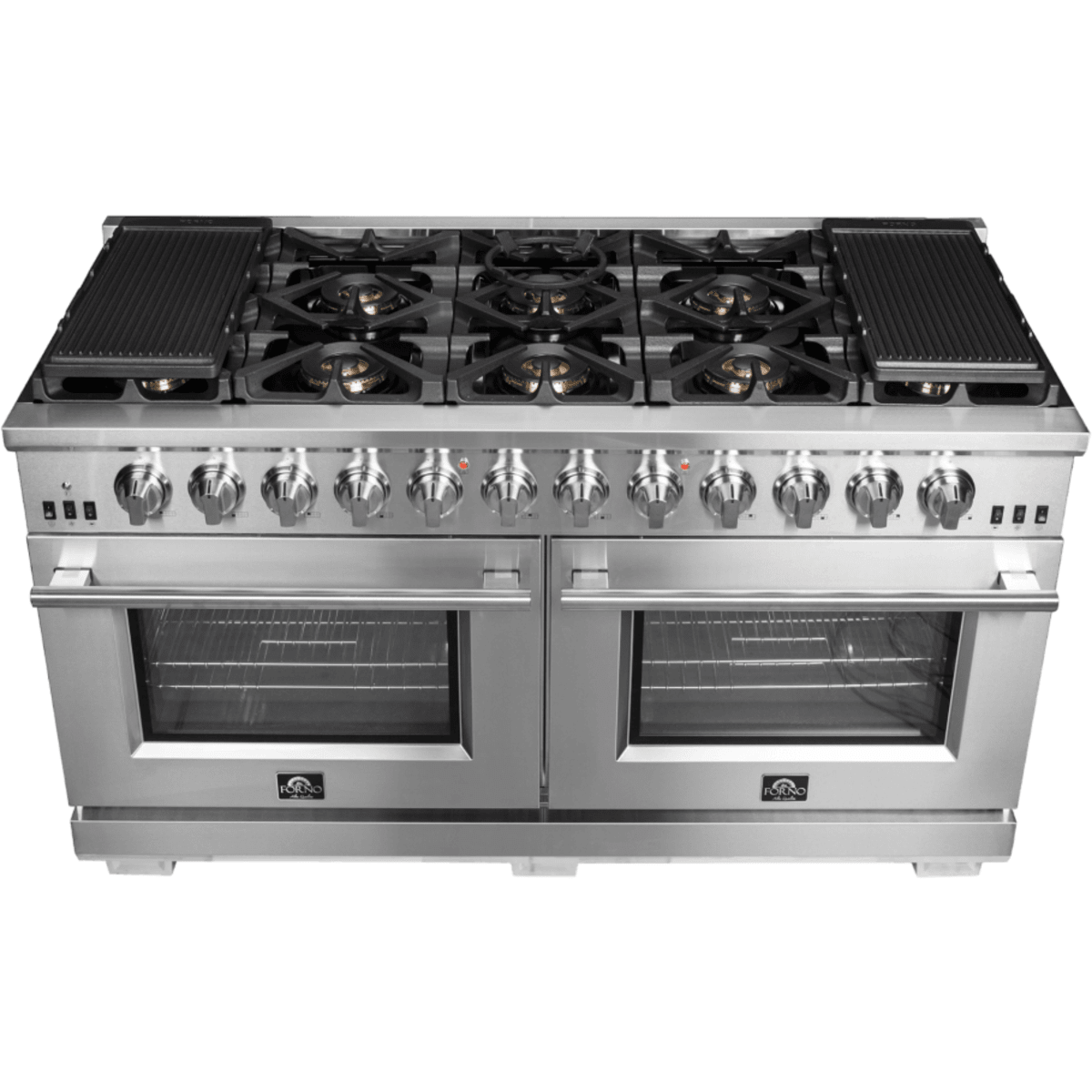 Forno Capriasca FFSGS626060 Freestanding Gas Range with 10 Sealed Burners, 8.64 cu. ft. Total Capacity, Continuous Cast Iron Grates, Insulated Oven Door, Halogen Lighting, Convection Oven and LP Conversion Kit Included
