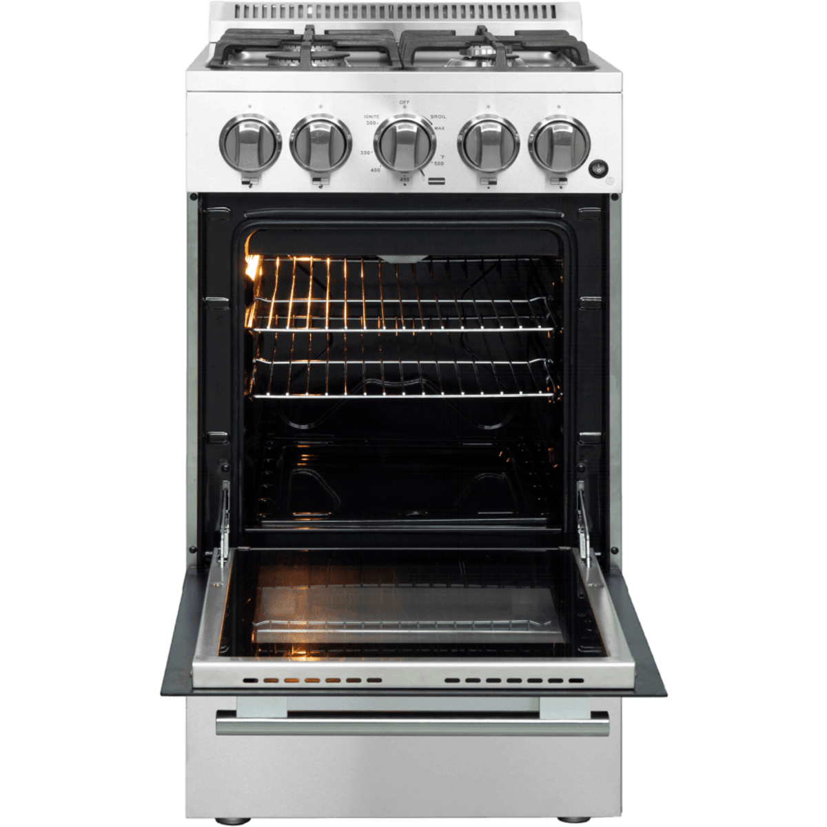 Forno Lamazze FFSGS626520 20 Inch Freestanding Gas Range with 4 Sealed Burners, 2.05 cu. ft. Oven Capacity, Storage Drawer, Steam Clean, and 2 Electro-Plated Oven Racks