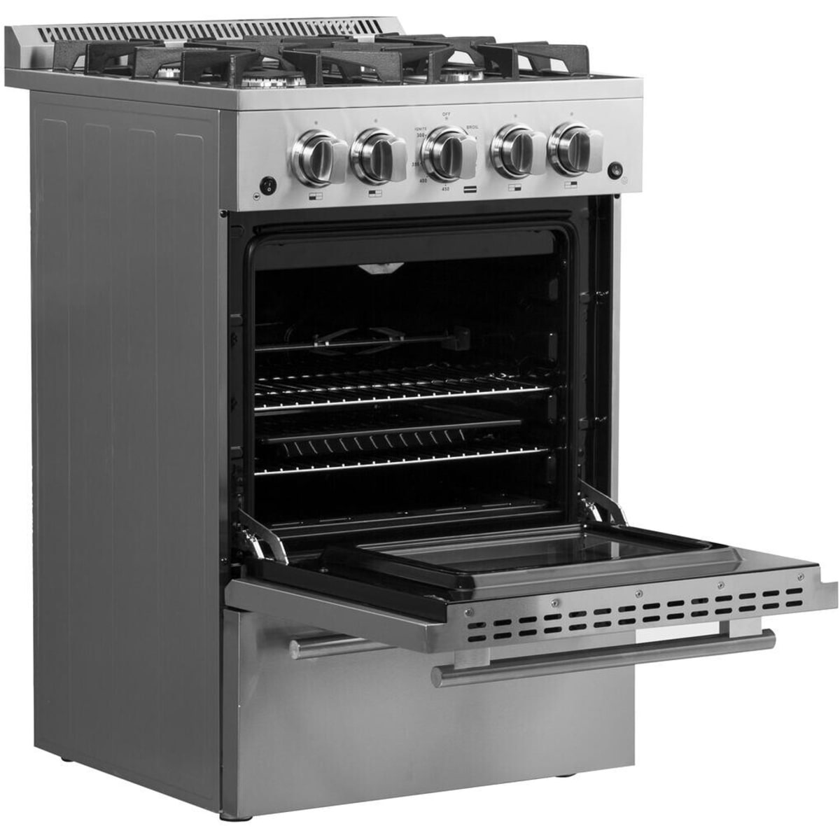 Forno Alta Qualita Breno FFSGS627224 24 Inch Freestanding Pro-Style Gas Range with 4 Sealed Burners, 2.3 cu. ft. Oven Capacity, Storage Drawer, Steam Clean, and 2 Electro-Plated Oven Racks