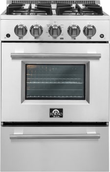 Forno Alta Qualita Breno FFSGS627224 24 Inch Freestanding Pro-Style Gas Range with 4 Sealed Burners, 2.3 cu. ft. Oven Capacity, Storage Drawer, Steam Clean, and 2 Electro-Plated Oven Racks