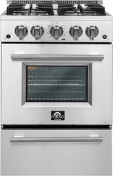 Forno Alta Qualita Breno FFSGS627224 24 Inch Freestanding Pro-Style Gas Range with 4 Sealed Burners, 2.3 cu. ft. Oven Capacity, Storage Drawer, Steam Clean, and 2 Electro-Plated Oven Racks