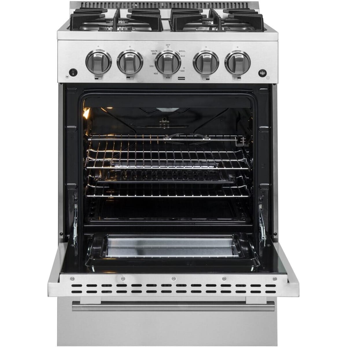 Forno Alta Qualita Breno FFSGS627224 24 Inch Freestanding Pro-Style Gas Range with 4 Sealed Burners, 2.3 cu. ft. Oven Capacity, Storage Drawer, Steam Clean, and 2 Electro-Plated Oven Racks