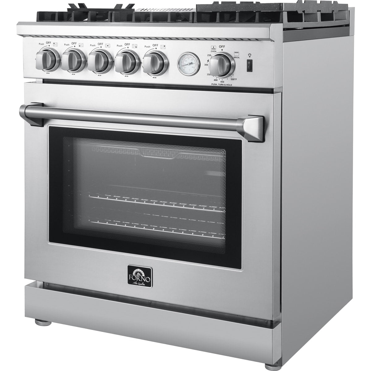 Forno Alta Qualita Lazio FFSGS627630 30 Inch Freestanding Gas Range with 5 Sealed Burners, 4.24 cu. ft. Oven Capacity, Convection Oven, Air Fry, Steam Clean Oven, and Reversible Griddle
