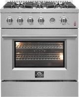Forno Alta Qualita Marco FFSGS627730 30 Inch Freestanding Gas Range with 4 Sealed Burners, 4.32 cu. ft. Oven Capacity, Continuous Cast Iron Grates, Built-In Temperature Gauge, Black Enamel Cooktop, and LP Kit Included: Stainless Steel