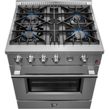 Forno Alta Qualita Marco FFSGS627730 30 Inch Freestanding Gas Range with 4 Sealed Burners, 4.32 cu. ft. Oven Capacity, Continuous Cast Iron Grates, Built-In Temperature Gauge, Black Enamel Cooktop, and LP Kit Included: Stainless Steel
