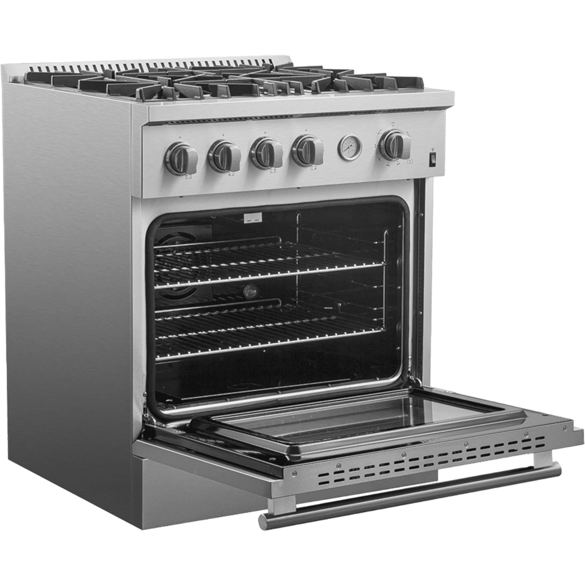 Forno Alta Qualita Marco FFSGS627730 30 Inch Freestanding Gas Range with 4 Sealed Burners, 4.32 cu. ft. Oven Capacity, Continuous Cast Iron Grates, Built-In Temperature Gauge, Black Enamel Cooktop, and LP Kit Included: Stainless Steel