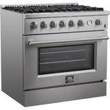 Forno Alta Qualita Marco FFSGS627736 36 Inch Freestanding Gas Range with 6 Sealed Burners, 5.36 cu. ft. Oven Capacity, Continuous Cast Iron Grates, Black Enamel Cooktop, Built-In Temperature Gauge, and LP Kit Included: Stainless Steel