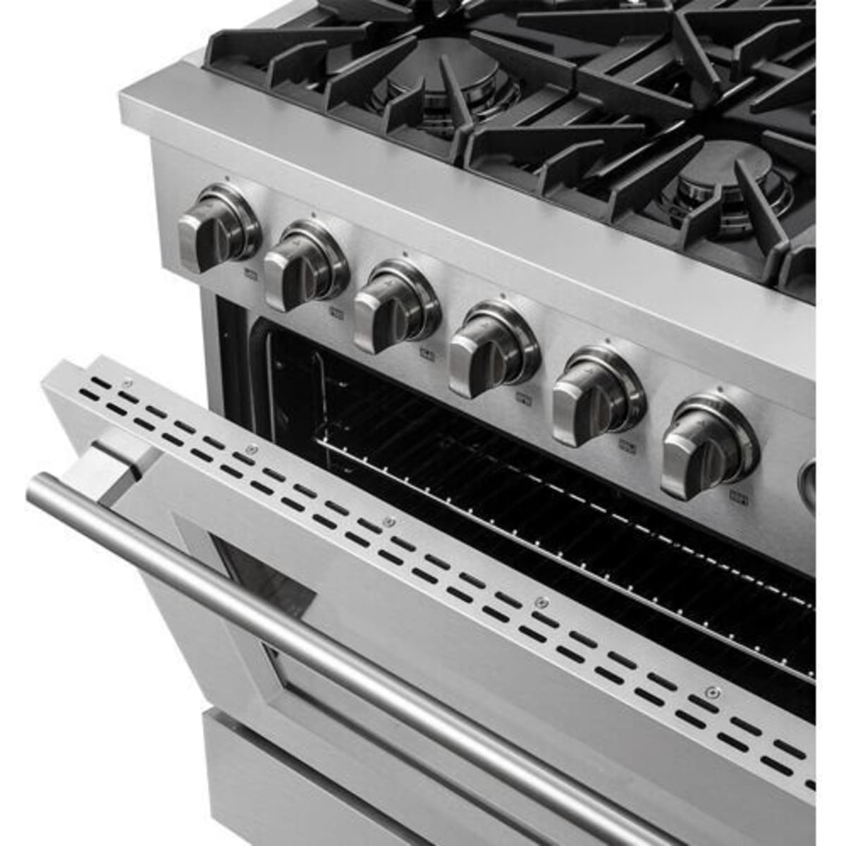Forno Alta Qualita Marco FFSGS627736 36 Inch Freestanding Gas Range with 6 Sealed Burners, 5.36 cu. ft. Oven Capacity, Continuous Cast Iron Grates, Black Enamel Cooktop, Built-In Temperature Gauge, and LP Kit Included: Stainless Steel