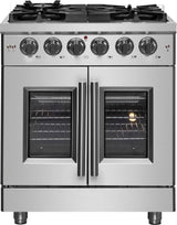 Forno Massimo FFSGS632530 30 Inch Freestanding French Door Dual Fuel Range with 5 Sealed Burners, 4.32 cu. ft. Oven Capacity, Continuous Grates, Steam Clean, and Convection Oven
