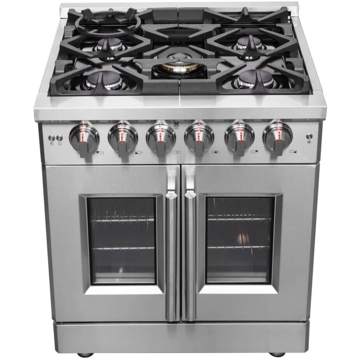 Forno Massimo FFSGS632530 30 Inch Freestanding French Door Dual Fuel Range with 5 Sealed Burners, 4.32 cu. ft. Oven Capacity, Continuous Grates, Steam Clean, and Convection Oven