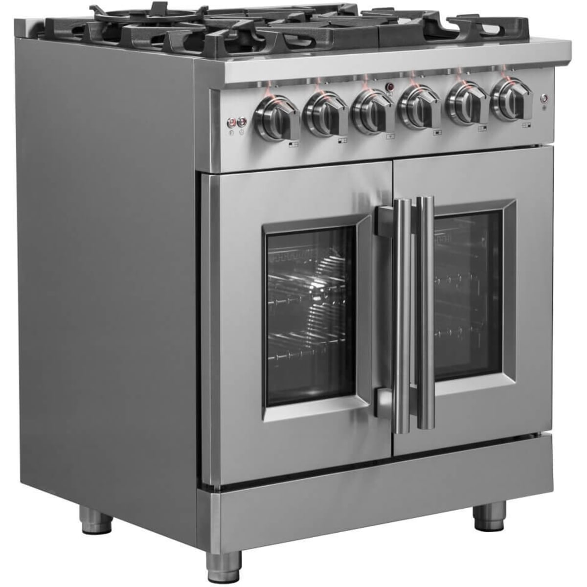 Forno Massimo FFSGS632530 30 Inch Freestanding French Door Dual Fuel Range with 5 Sealed Burners, 4.32 cu. ft. Oven Capacity, Continuous Grates, Steam Clean, and Convection Oven