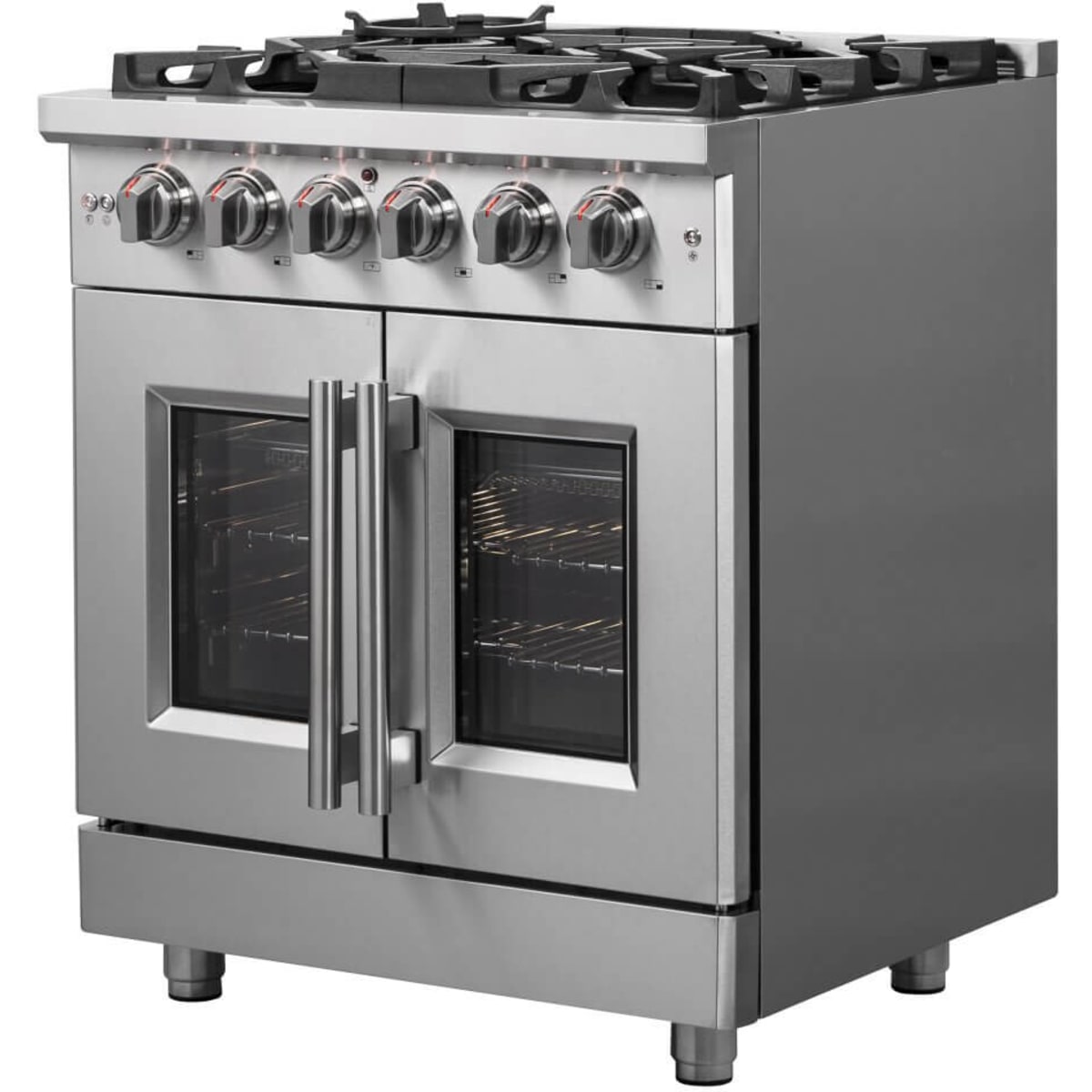 Forno Massimo FFSGS632530 30 Inch Freestanding French Door Dual Fuel Range with 5 Sealed Burners, 4.32 cu. ft. Oven Capacity, Continuous Grates, Steam Clean, and Convection Oven
