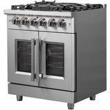 Forno Massimo FFSGS632530 30 Inch Freestanding French Door Dual Fuel Range with 5 Sealed Burners, 4.32 cu. ft. Oven Capacity, Continuous Grates, Steam Clean, and Convection Oven